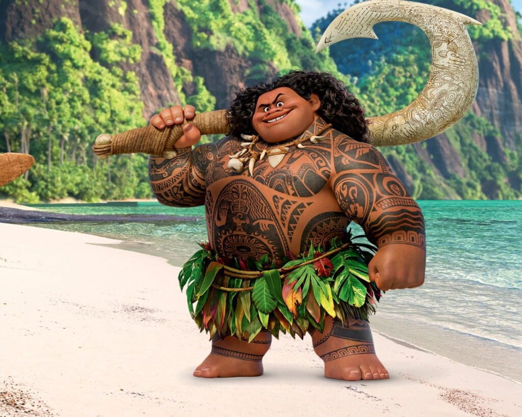 Maui from the movie Moana with all of his earned tattoos describing his life history and his personal charactersistsis